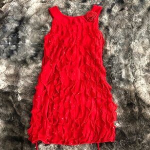 Red Ruffle Sleeveless Girls' Party Dress with Rosette